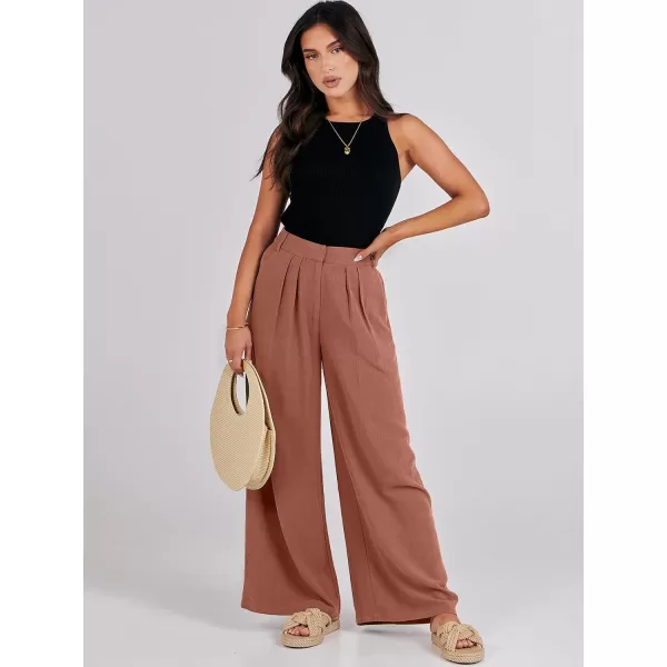 imageANRABESS Women Linen Palazzo Pants Summer Wide Leg High Waist Casual Long Lounge Pant Trousers with PocketRust
