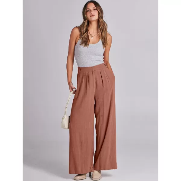 imageANRABESS Women Linen Palazzo Pants Summer Wide Leg High Waist Casual Long Lounge Pant Trousers with PocketRust
