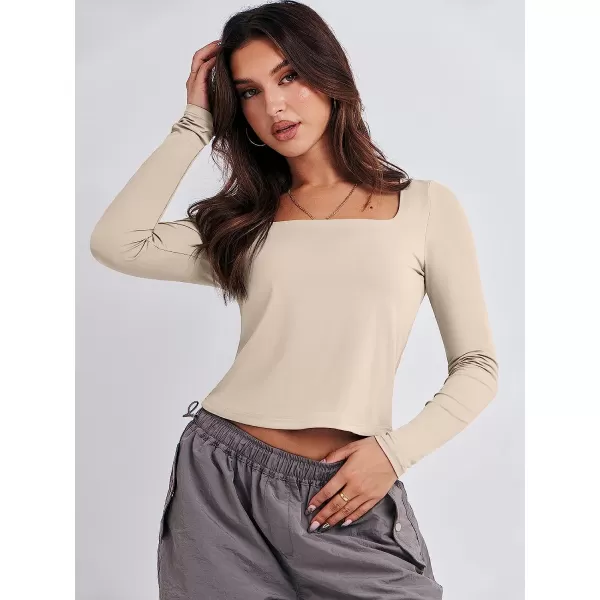 imageANRABESS Women Long Sleeve Crop Top Sexy Fitted Going Out Square Neck Basic T Shirt Top TeesApricot