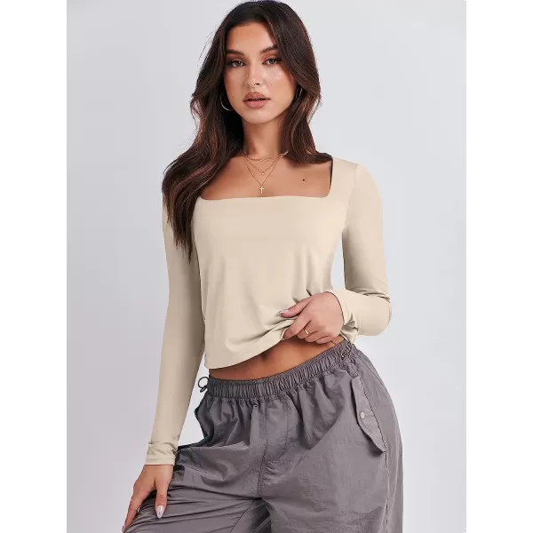 imageANRABESS Women Long Sleeve Crop Top Sexy Fitted Going Out Square Neck Basic T Shirt Top TeesApricot