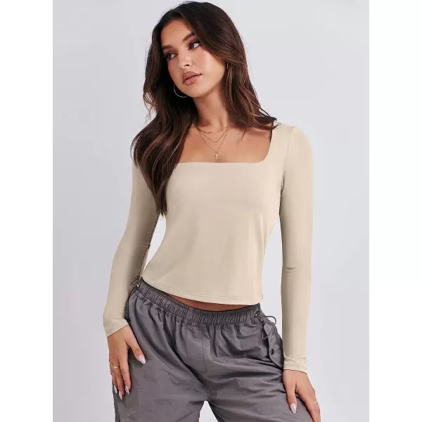 imageANRABESS Women Long Sleeve Crop Top Sexy Fitted Going Out Square Neck Basic T Shirt Top TeesApricot