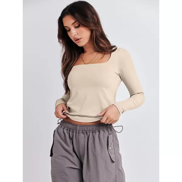 imageANRABESS Women Long Sleeve Crop Top Sexy Fitted Going Out Square Neck Basic T Shirt Top TeesApricot