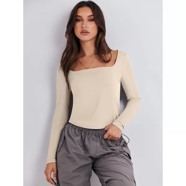 imageANRABESS Women Long Sleeve Crop Top Sexy Fitted Going Out Square Neck Basic T Shirt Top TeesApricot