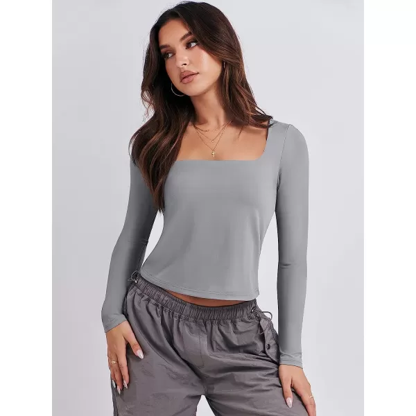 imageANRABESS Women Long Sleeve Crop Top Sexy Fitted Going Out Square Neck Basic T Shirt Top TeesGray