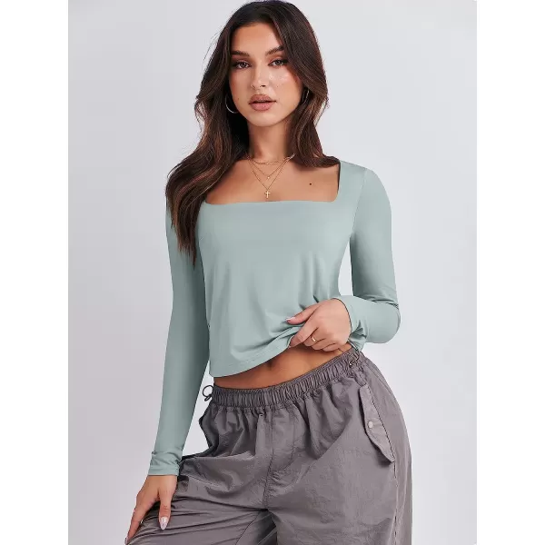 imageANRABESS Women Long Sleeve Crop Top Sexy Fitted Going Out Square Neck Basic T Shirt Top TeesGray Green