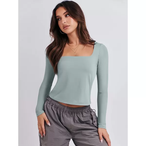 imageANRABESS Women Long Sleeve Crop Top Sexy Fitted Going Out Square Neck Basic T Shirt Top TeesGray Green