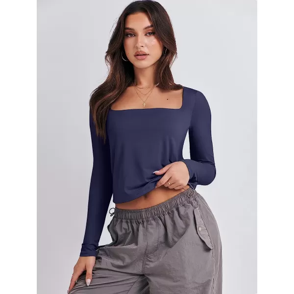 imageANRABESS Women Long Sleeve Crop Top Sexy Fitted Going Out Square Neck Basic T Shirt Top TeesNavy Blue