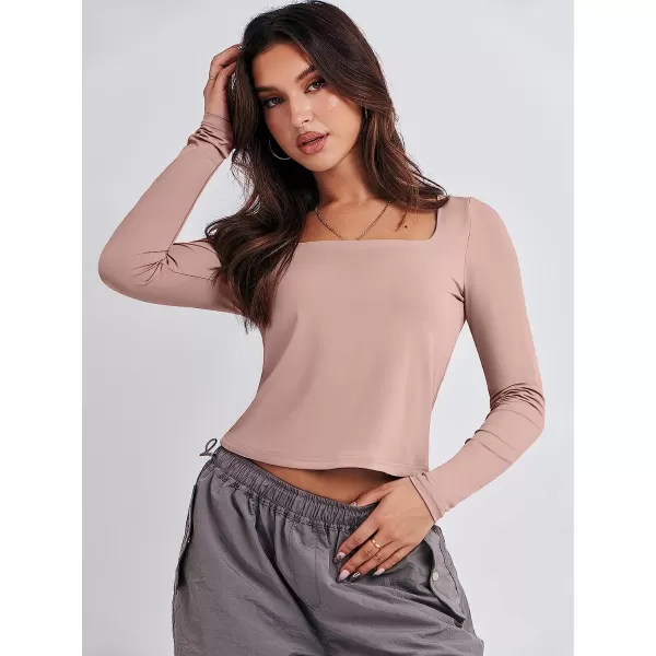 imageANRABESS Women Long Sleeve Crop Top Sexy Fitted Going Out Square Neck Basic T Shirt Top TeesPink