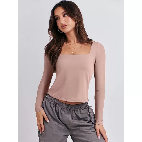 imageANRABESS Women Long Sleeve Crop Top Sexy Fitted Going Out Square Neck Basic T Shirt Top TeesPink