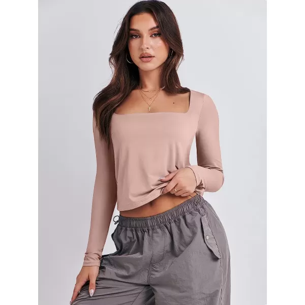 imageANRABESS Women Long Sleeve Crop Top Sexy Fitted Going Out Square Neck Basic T Shirt Top TeesPink