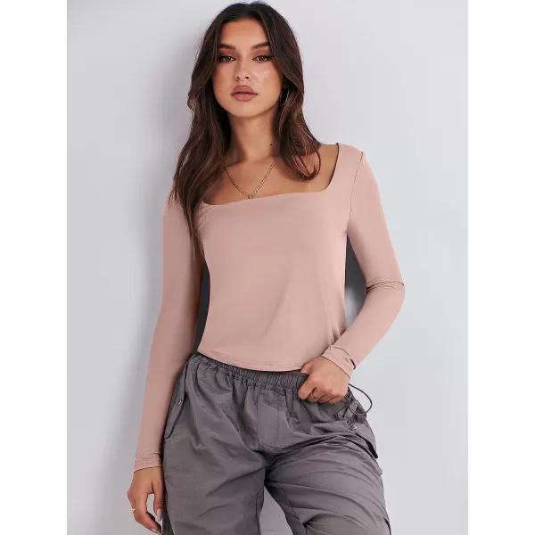 imageANRABESS Women Long Sleeve Crop Top Sexy Fitted Going Out Square Neck Basic T Shirt Top TeesPink