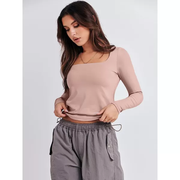 imageANRABESS Women Long Sleeve Crop Top Sexy Fitted Going Out Square Neck Basic T Shirt Top TeesPink