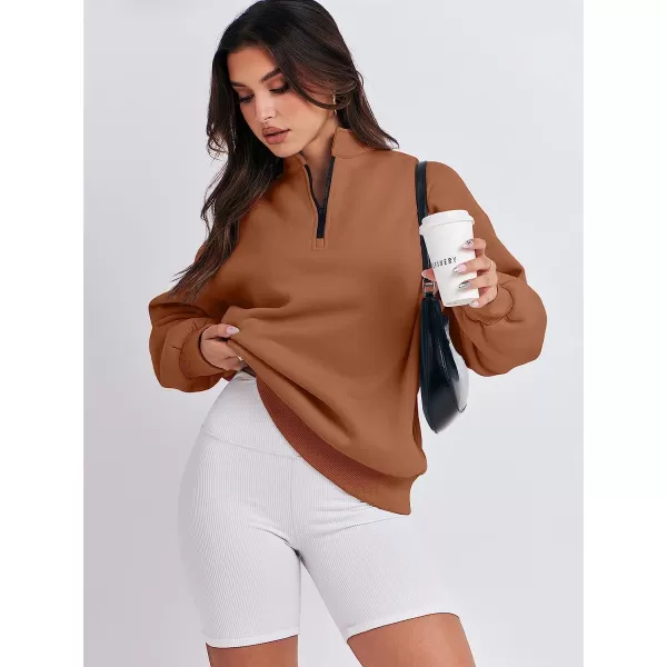 imageANRABESS Women Long Sleeve Oversized Half Zip Pullover Sweatshirt Y2K Hoodie Sweater Trendy Fall ClothesCaramel