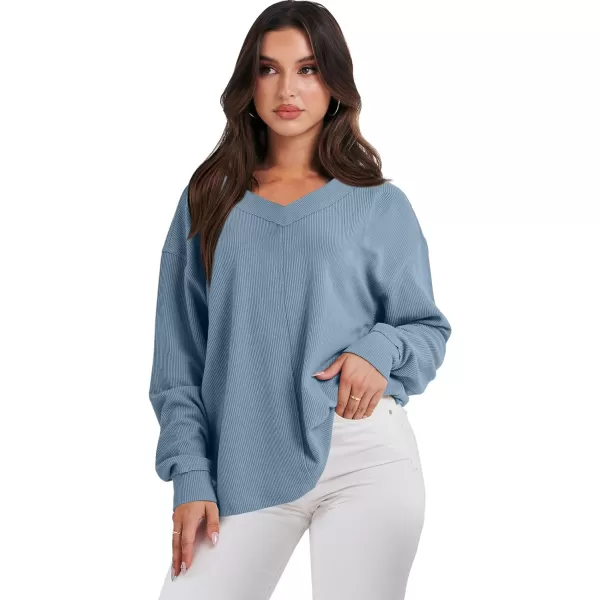 imageANRABESS Women Long Sleeve Shirt V Neck Off Shoulder Oversized Knit Pullover Sweatshirt Loose High Low Fall Tunic TopsBlue