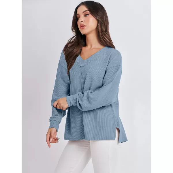 imageANRABESS Women Long Sleeve Shirt V Neck Off Shoulder Oversized Knit Pullover Sweatshirt Loose High Low Fall Tunic TopsBlue