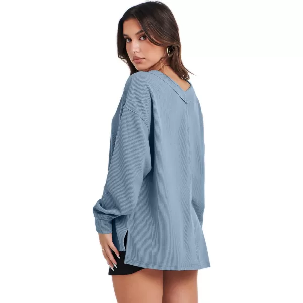 imageANRABESS Women Long Sleeve Shirt V Neck Off Shoulder Oversized Knit Pullover Sweatshirt Loose High Low Fall Tunic TopsBlue