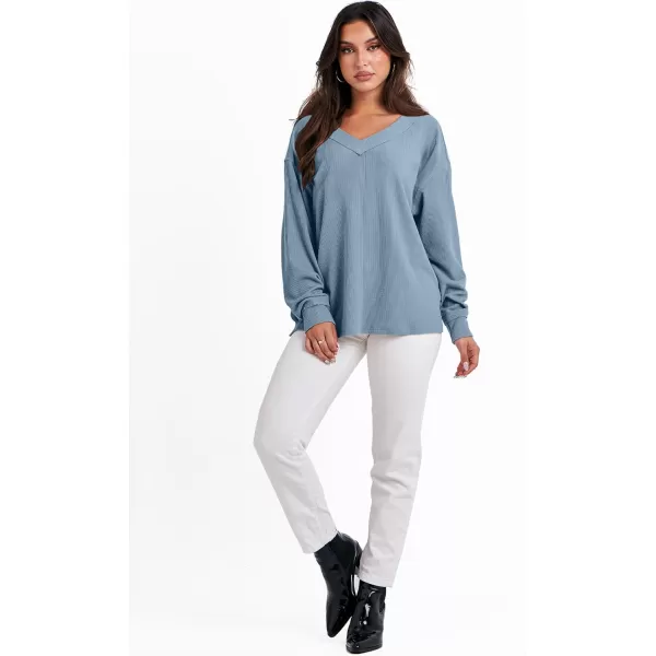 imageANRABESS Women Long Sleeve Shirt V Neck Off Shoulder Oversized Knit Pullover Sweatshirt Loose High Low Fall Tunic TopsBlue