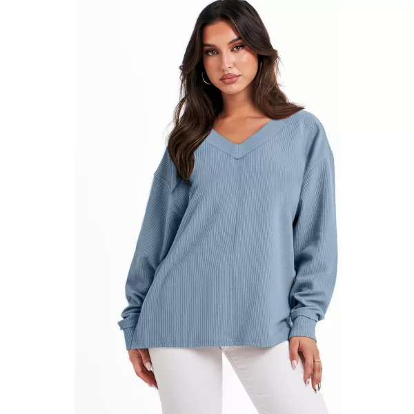 imageANRABESS Women Long Sleeve Shirt V Neck Off Shoulder Oversized Knit Pullover Sweatshirt Loose High Low Fall Tunic TopsBlue