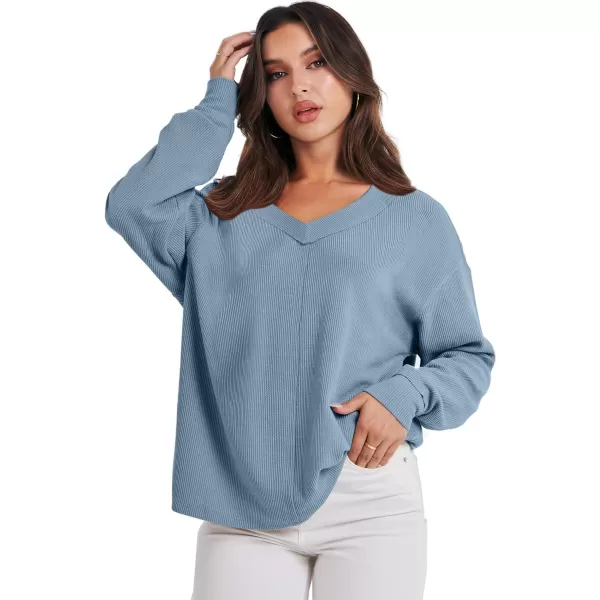 imageANRABESS Women Long Sleeve Shirt V Neck Off Shoulder Oversized Knit Pullover Sweatshirt Loose High Low Fall Tunic TopsBlue