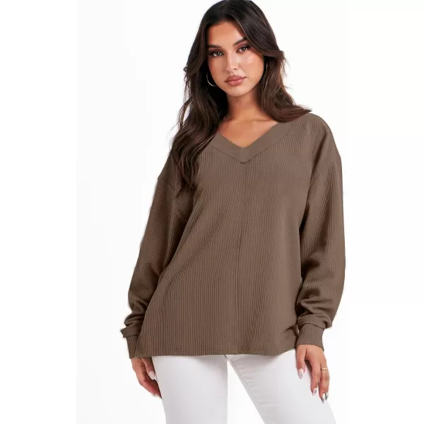imageANRABESS Women Long Sleeve Shirt V Neck Off Shoulder Oversized Knit Pullover Sweatshirt Loose High Low Fall Tunic TopsBrown