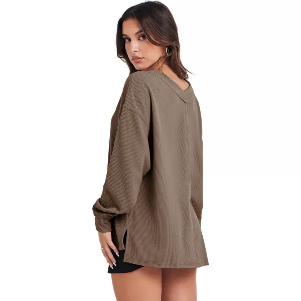 imageANRABESS Women Long Sleeve Shirt V Neck Off Shoulder Oversized Knit Pullover Sweatshirt Loose High Low Fall Tunic TopsBrown