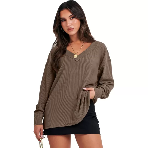 imageANRABESS Women Long Sleeve Shirt V Neck Off Shoulder Oversized Knit Pullover Sweatshirt Loose High Low Fall Tunic TopsBrown