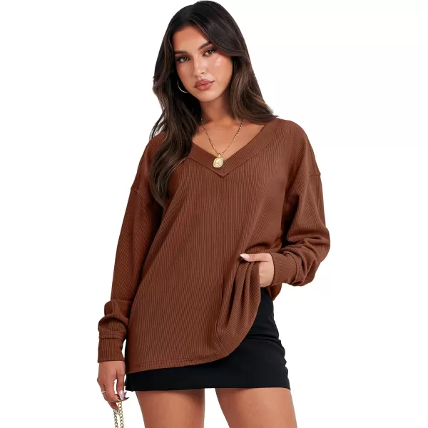 imageANRABESS Women Long Sleeve Shirt V Neck Off Shoulder Oversized Knit Pullover Sweatshirt Loose High Low Fall Tunic TopsCaramel