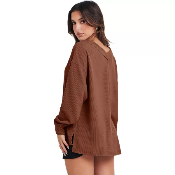 imageANRABESS Women Long Sleeve Shirt V Neck Off Shoulder Oversized Knit Pullover Sweatshirt Loose High Low Fall Tunic TopsCaramel