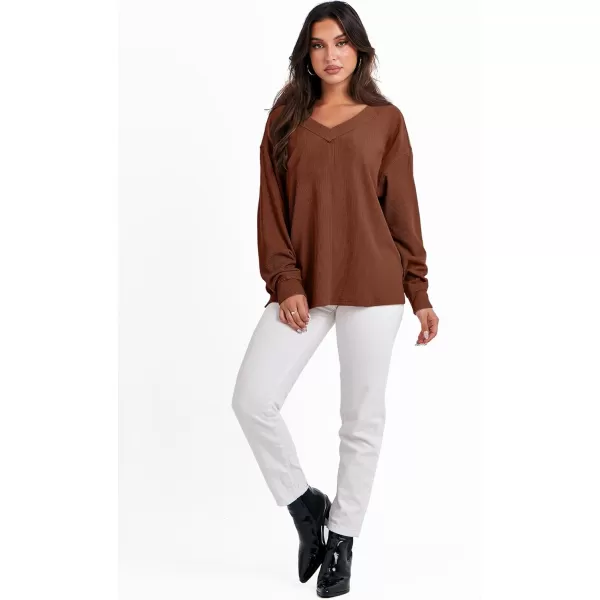 imageANRABESS Women Long Sleeve Shirt V Neck Off Shoulder Oversized Knit Pullover Sweatshirt Loose High Low Fall Tunic TopsCaramel