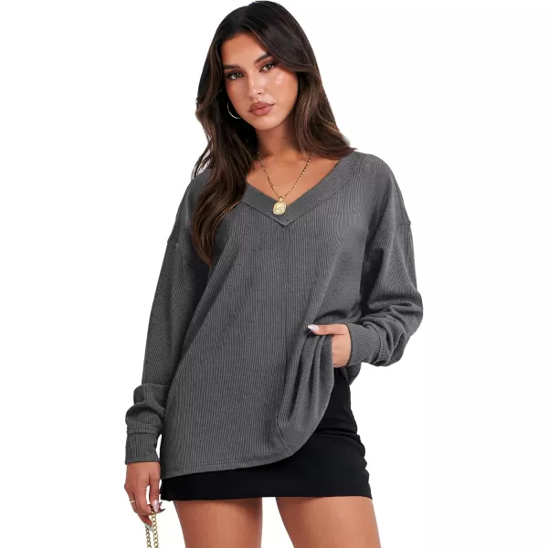 imageANRABESS Women Long Sleeve Shirt V Neck Off Shoulder Oversized Knit Pullover Sweatshirt Loose High Low Fall Tunic TopsDark Grey