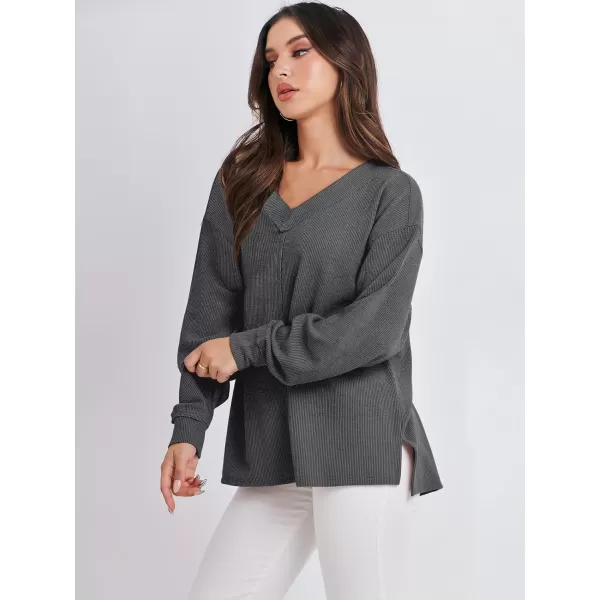 imageANRABESS Women Long Sleeve Shirt V Neck Off Shoulder Oversized Knit Pullover Sweatshirt Loose High Low Fall Tunic TopsDark Grey