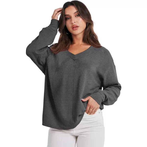 imageANRABESS Women Long Sleeve Shirt V Neck Off Shoulder Oversized Knit Pullover Sweatshirt Loose High Low Fall Tunic TopsDark Grey