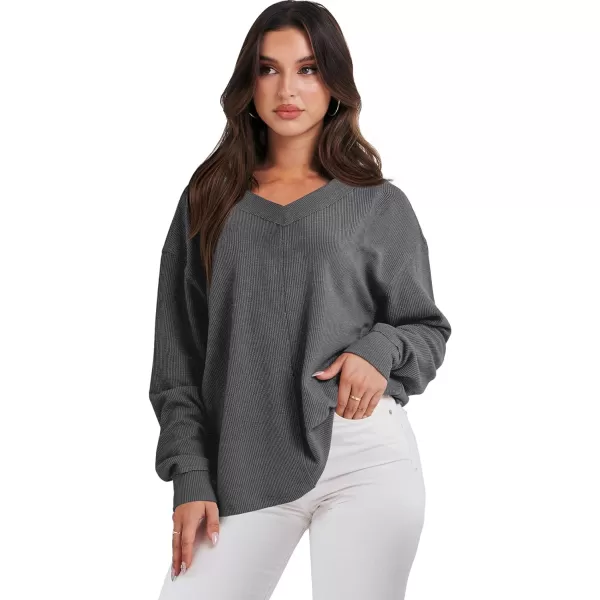 imageANRABESS Women Long Sleeve Shirt V Neck Off Shoulder Oversized Knit Pullover Sweatshirt Loose High Low Fall Tunic TopsDark Grey