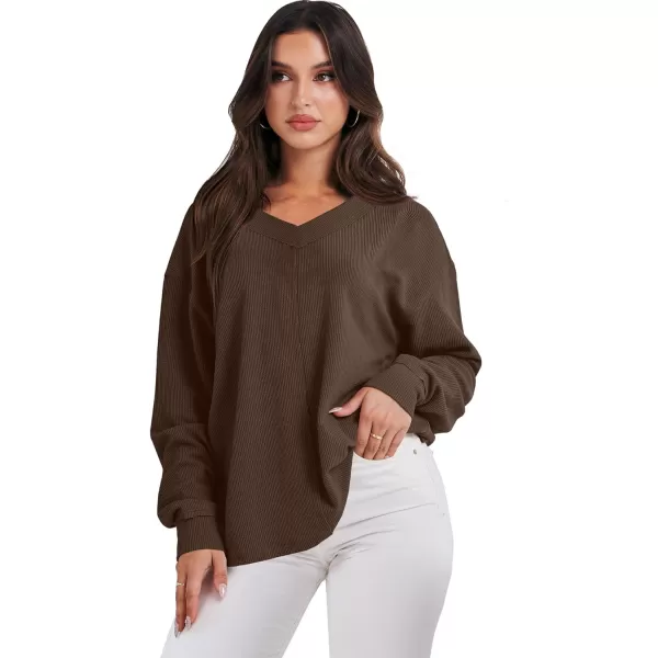 imageANRABESS Women Long Sleeve Shirt V Neck Off Shoulder Oversized Knit Pullover Sweatshirt Loose High Low Fall Tunic TopsDeep Brown