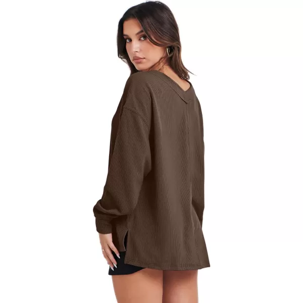 imageANRABESS Women Long Sleeve Shirt V Neck Off Shoulder Oversized Knit Pullover Sweatshirt Loose High Low Fall Tunic TopsDeep Brown