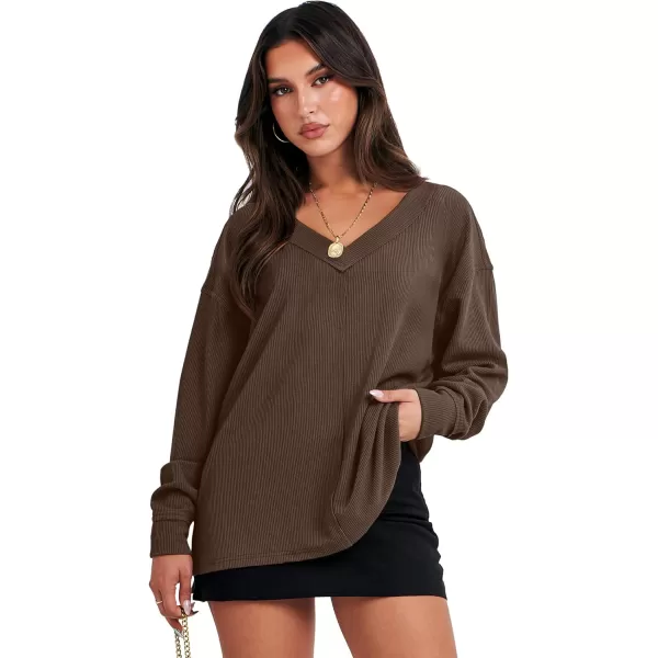 imageANRABESS Women Long Sleeve Shirt V Neck Off Shoulder Oversized Knit Pullover Sweatshirt Loose High Low Fall Tunic TopsDeep Brown
