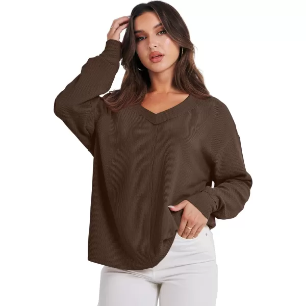 imageANRABESS Women Long Sleeve Shirt V Neck Off Shoulder Oversized Knit Pullover Sweatshirt Loose High Low Fall Tunic TopsDeep Brown