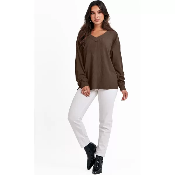 imageANRABESS Women Long Sleeve Shirt V Neck Off Shoulder Oversized Knit Pullover Sweatshirt Loose High Low Fall Tunic TopsDeep Brown