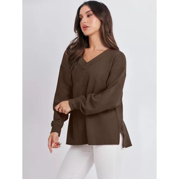 imageANRABESS Women Long Sleeve Shirt V Neck Off Shoulder Oversized Knit Pullover Sweatshirt Loose High Low Fall Tunic TopsDeep Brown