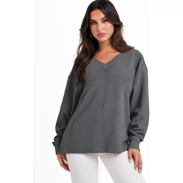 imageANRABESS Women Long Sleeve Shirt V Neck Off Shoulder Oversized Knit Pullover Sweatshirt Loose High Low Fall Tunic TopsDeep Grey