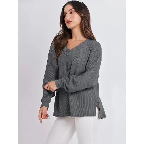 imageANRABESS Women Long Sleeve Shirt V Neck Off Shoulder Oversized Knit Pullover Sweatshirt Loose High Low Fall Tunic TopsDeep Grey