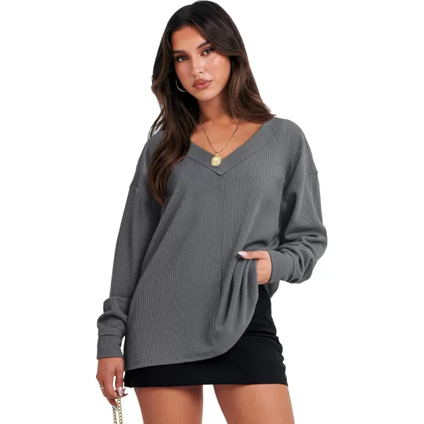 imageANRABESS Women Long Sleeve Shirt V Neck Off Shoulder Oversized Knit Pullover Sweatshirt Loose High Low Fall Tunic TopsDeep Grey