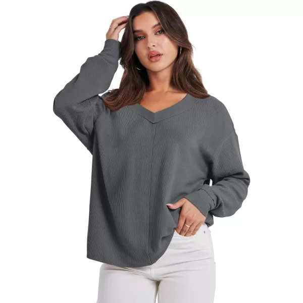imageANRABESS Women Long Sleeve Shirt V Neck Off Shoulder Oversized Knit Pullover Sweatshirt Loose High Low Fall Tunic TopsDeep Grey