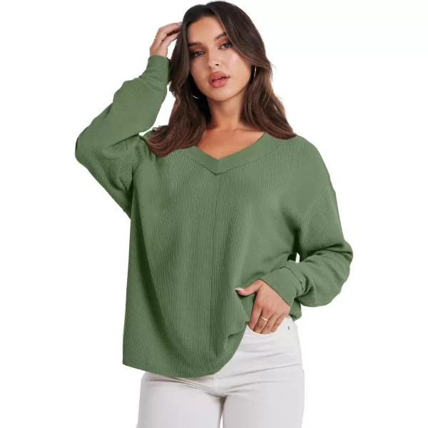 imageANRABESS Women Long Sleeve Shirt V Neck Off Shoulder Oversized Knit Pullover Sweatshirt Loose High Low Fall Tunic TopsGreen
