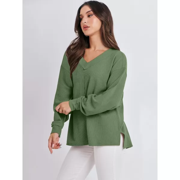 imageANRABESS Women Long Sleeve Shirt V Neck Off Shoulder Oversized Knit Pullover Sweatshirt Loose High Low Fall Tunic TopsGreen