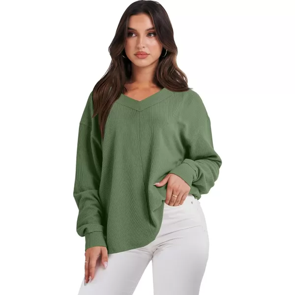imageANRABESS Women Long Sleeve Shirt V Neck Off Shoulder Oversized Knit Pullover Sweatshirt Loose High Low Fall Tunic TopsGreen