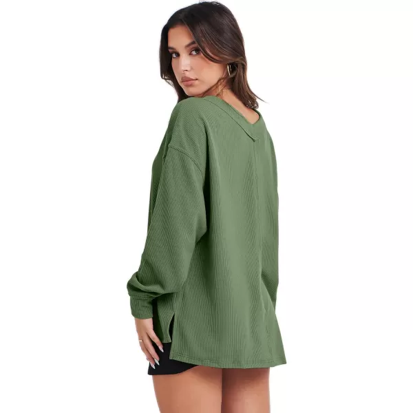 imageANRABESS Women Long Sleeve Shirt V Neck Off Shoulder Oversized Knit Pullover Sweatshirt Loose High Low Fall Tunic TopsGreen