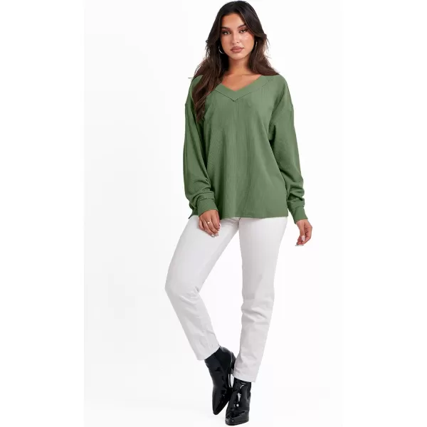imageANRABESS Women Long Sleeve Shirt V Neck Off Shoulder Oversized Knit Pullover Sweatshirt Loose High Low Fall Tunic TopsGreen