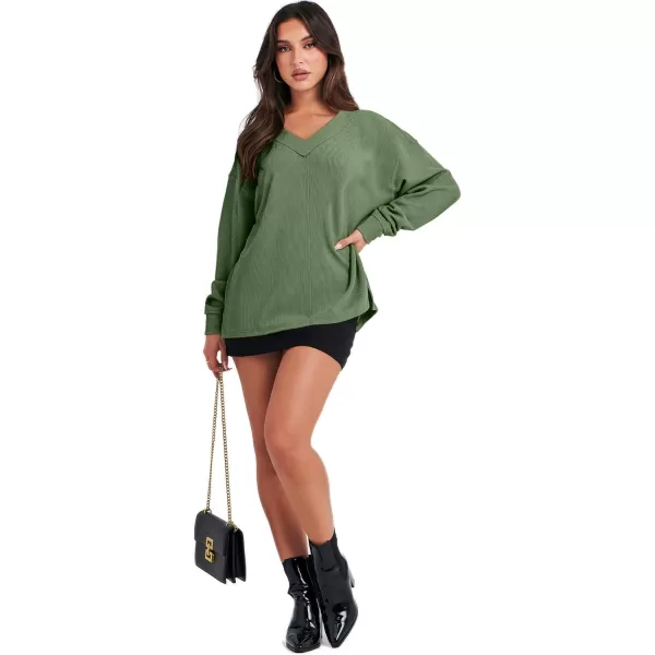 imageANRABESS Women Long Sleeve Shirt V Neck Off Shoulder Oversized Knit Pullover Sweatshirt Loose High Low Fall Tunic TopsGreen