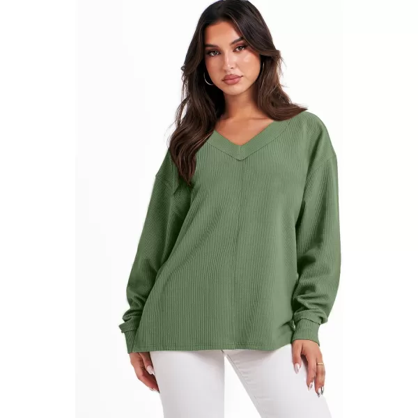 imageANRABESS Women Long Sleeve Shirt V Neck Off Shoulder Oversized Knit Pullover Sweatshirt Loose High Low Fall Tunic TopsGreen
